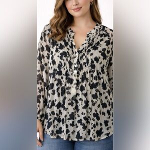 By Together Women's Blouse Size Large - Black & Cream Animal Print Flowy Top